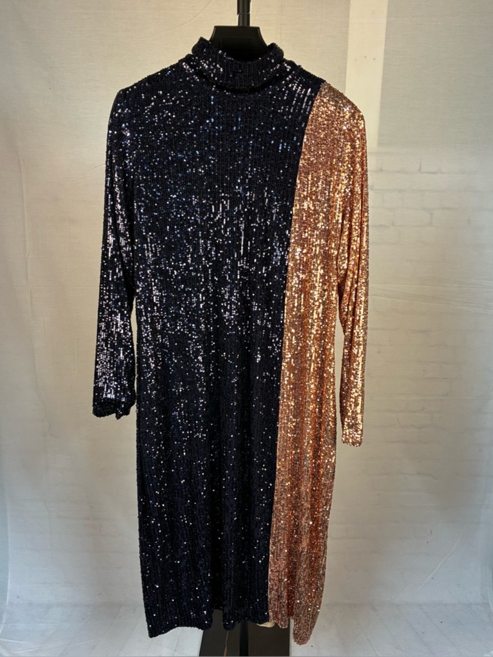 NWT Dima Ayad Navy/Bronze Colorblock Fully Sequined Maxi Dress 2X